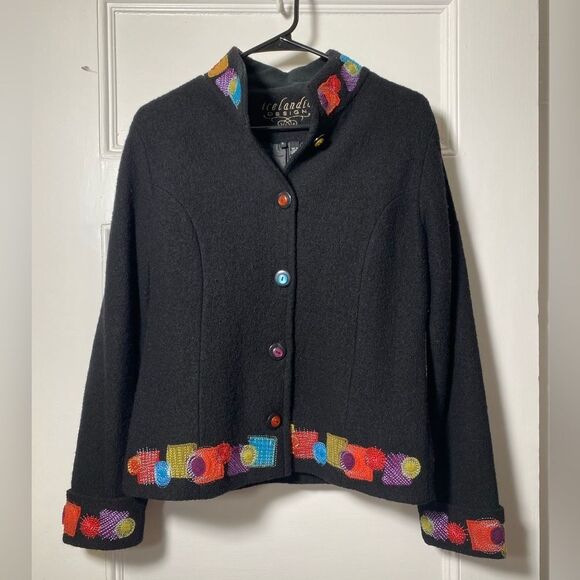 Icelandic Design | Wool Embroidered Button Down Jacket Black Multicolor Small - Picture 1 of 11